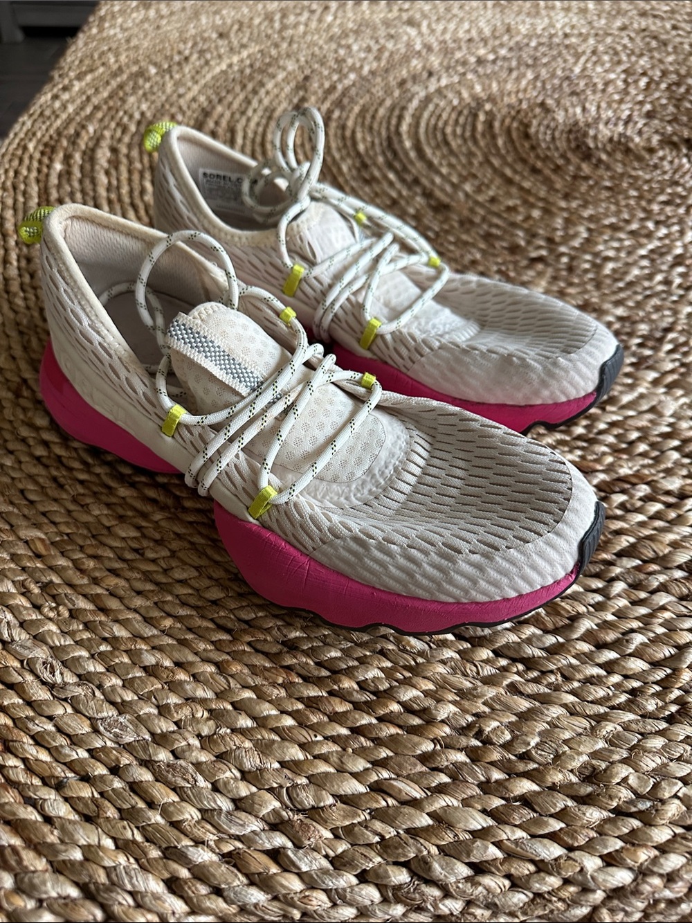 Sorel Women's Cream Knit Sneakers size 6 with Pink Midsole & Neon Yellow Details